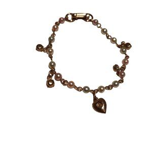Vintage Kids Gold Tone Pearl & Crystal Heart Charm Bracelet